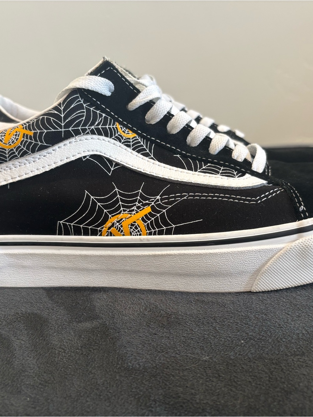 Vans Black White Spiderweb Skate Sneakers with Yellow Accents